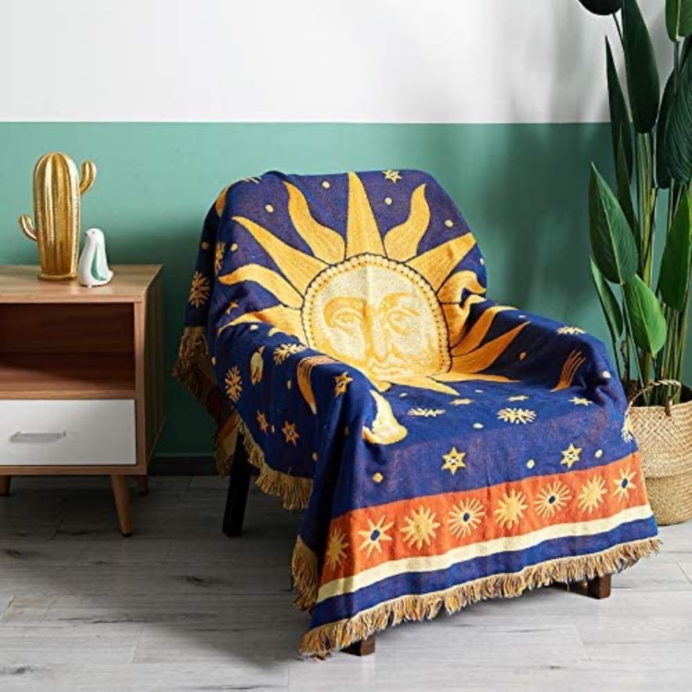Bohemian Vintage Sun/Moon Retro Reversible Throw Blanket for Sofa/Bed/Dorm/Patio - Picture 2 of 7